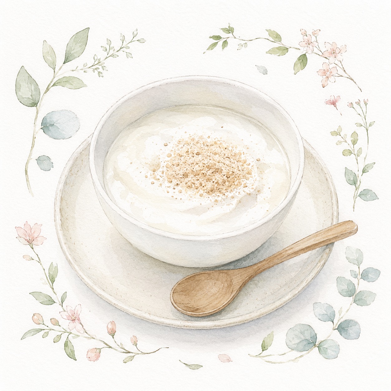 豆乳ヨーグルトに米ぬかパウダーをふりかけた初日の朝食、水彩イラスト