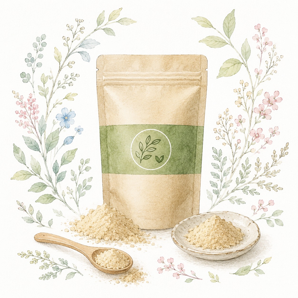 Honjien tea 米ぬかパウダー400gの茶色パッケージと木製スプーンに盛られた粉の水彩イラスト
