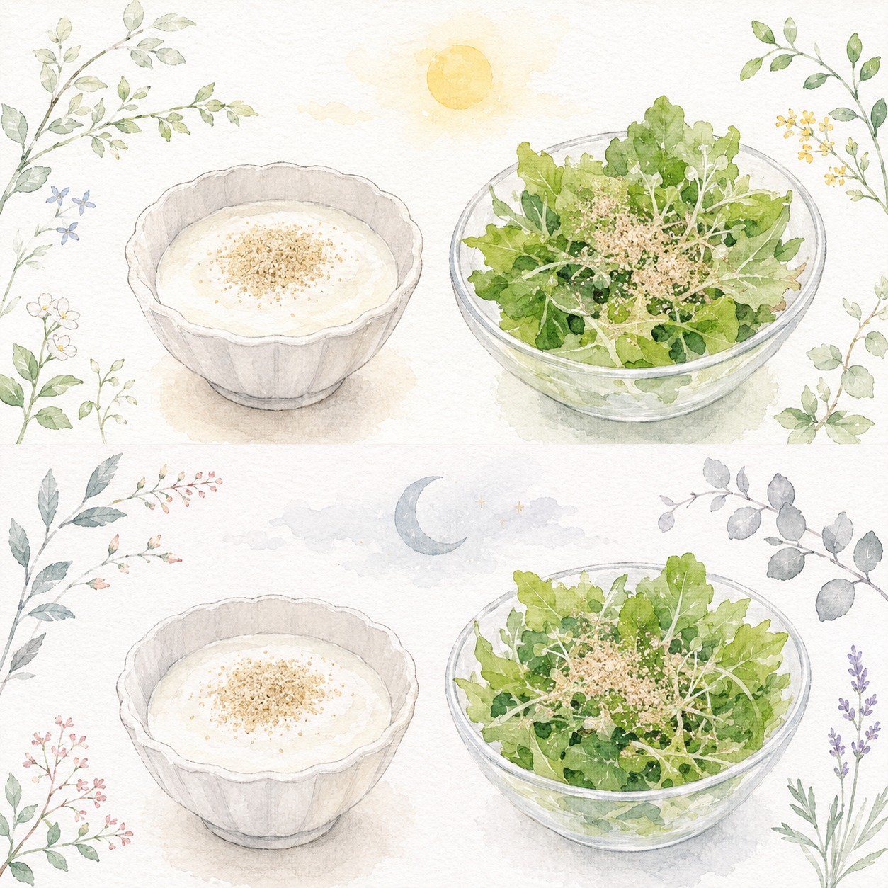 豆乳ヨーグルトとリーフサラダを並べた基本2パターンの水彩イラスト