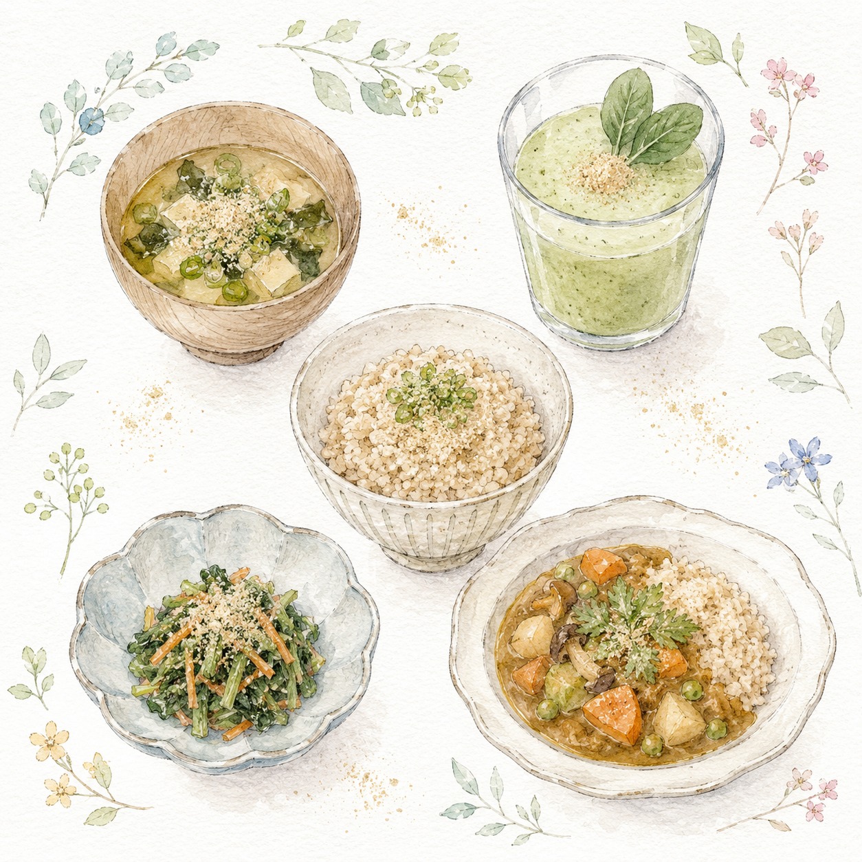 味噌汁・スムージー・玄米茶碗・和え物・カレー5種を並べた食卓バリエーション水彩