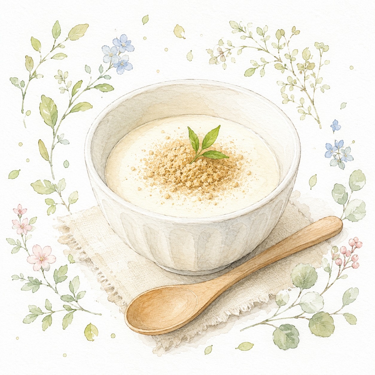豆乳プリンに米ぬかパウダーをかけたデザートの水彩イラスト