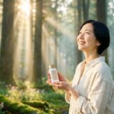木漏れ日の森でヴィーガン日焼け止めを手に微笑む女性