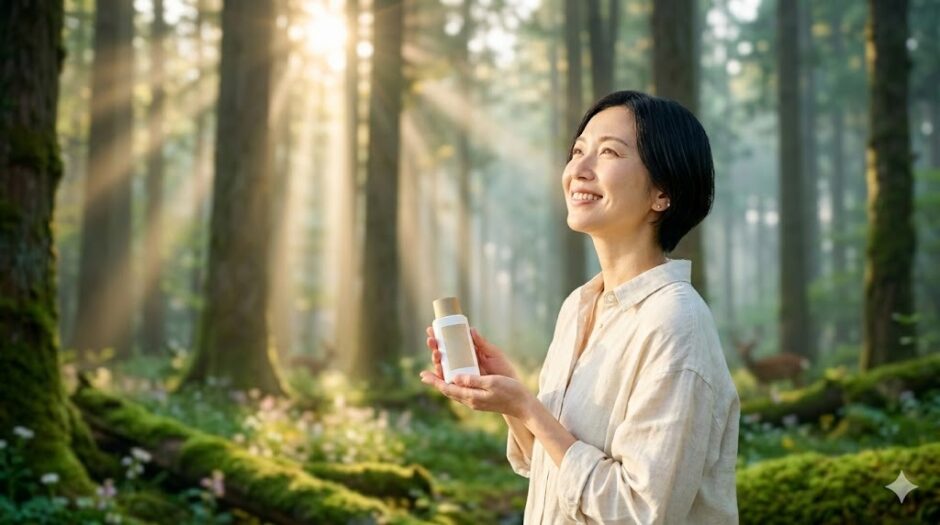 木漏れ日の森でヴィーガン日焼け止めを手に微笑む女性