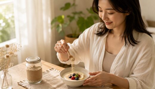 米ぬかパウダーをかけた豆乳ヨーグルトとフルーツ、ヴィーガンの3ヶ月レビュー記事のサムネイル