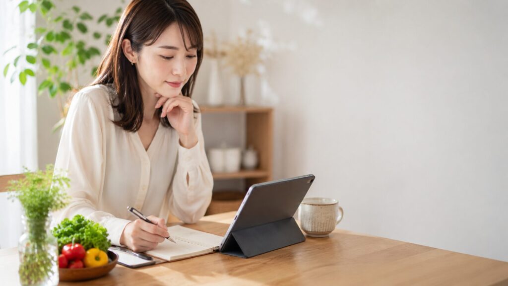 宅配サービスをノートに書き出して見比べる女性