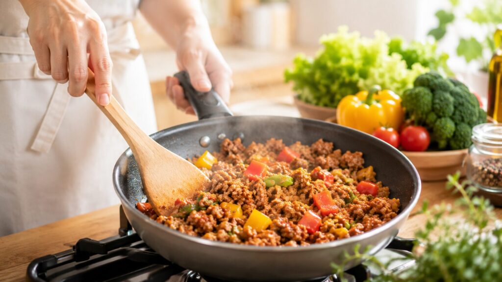 大豆ミートをフライパンで調理している様子