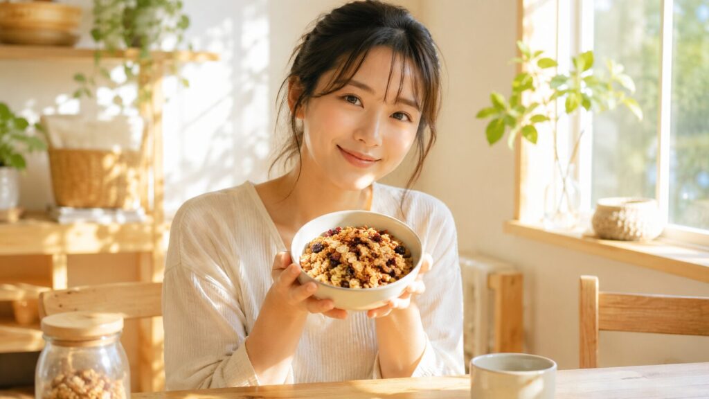 朝の窓際でグラノーラボウルを楽しむ女性、健康的な朝食シーン
