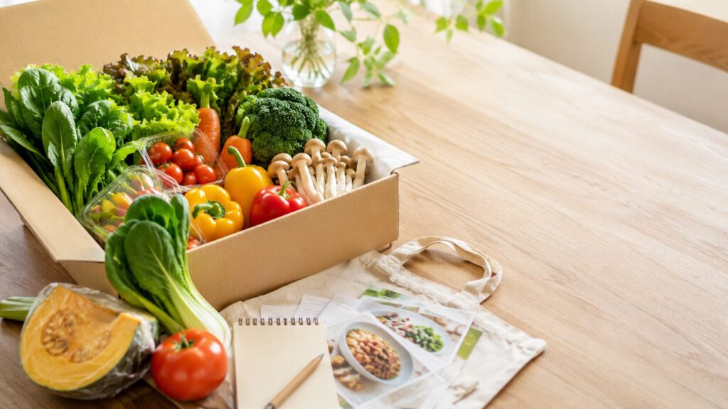 宅配で届いた野菜とレシピカードをテーブルに並べた様子