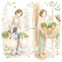 重い買い物と玄関先の宅配を対比した水彩イラスト