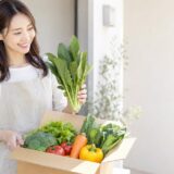 玄関で届いたばかりの宅配野菜の箱を開けて微笑む女性