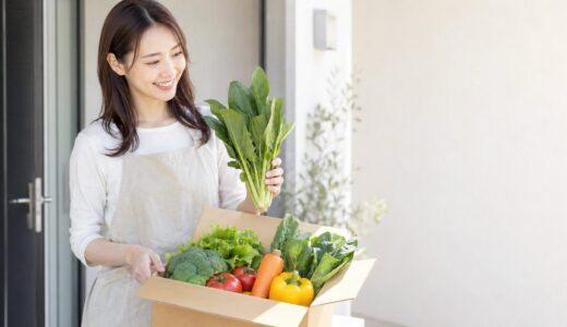 玄関で届いたばかりの宅配野菜の箱を開けて微笑む女性