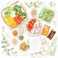 ミールキットのカット野菜と調味料、レシピカードを並べた水彩イラスト