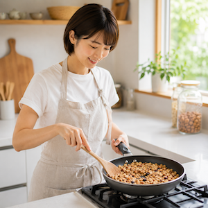 フライパンで砂糖控えめの手作りグラノーラを炒る女性、オーツ麦を木べらで混ぜながら焼く様子