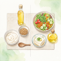 朝食には亜麻仁油、サラダや冷奴にはえごま油と、シーンで使い分けるわが家の食卓イメージ