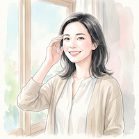 朝の窓辺で、頭がすっきりと冴えたような穏やかな表情を見せる女性