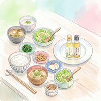 植物性の朝ごはんが並ぶ食卓で、空いたお皿を補うように置かれたえごま油と亜麻仁油の小瓶