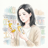 えごま油と亜麻仁油の小瓶を両手に持ち、どちらを買うか見比べて迷っている女性