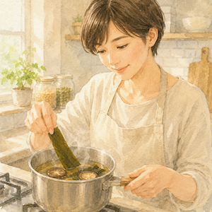 キッチンで昆布と干し椎茸のだし汁を作る35歳ほどの日本人女性を描いた水彩イラスト。湯気の立つ琥珀色のだしで、椎茸と昆布の旨味の相乗効果を表現