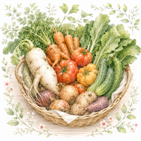 ふぞろいの有機野菜をかごに盛った水彩イラスト