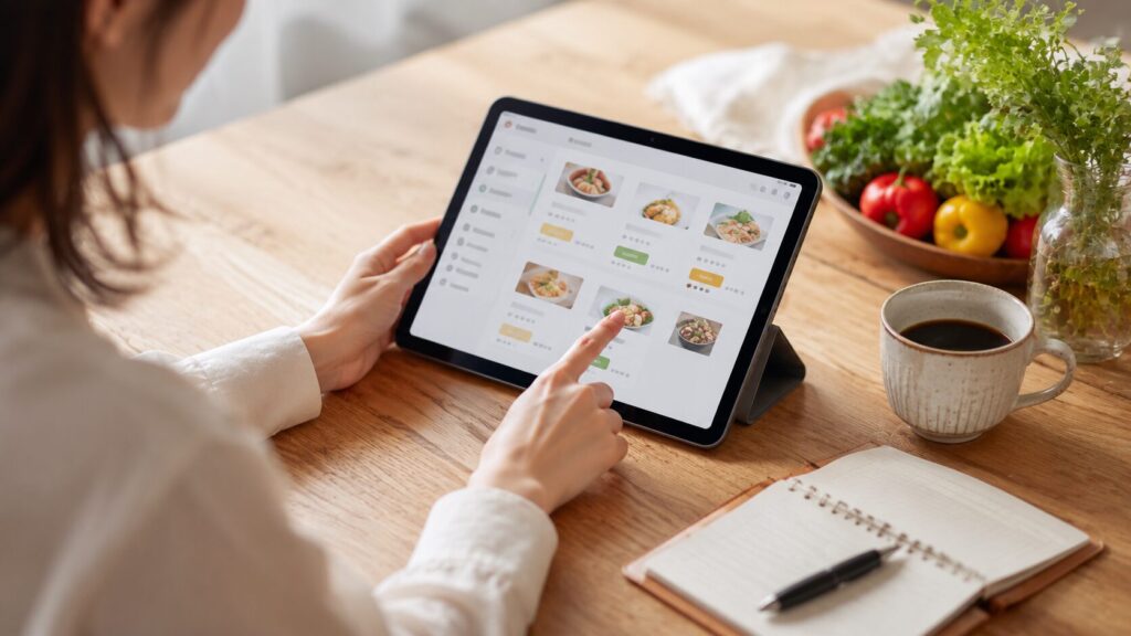 タブレットで宅配サービスを見比べて選ぶ女性
