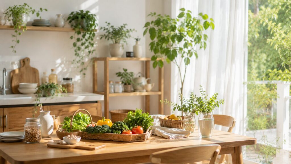 自然光あふれる明るいキッチンと植物性の食材