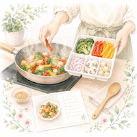 ミールキットの食材を調理し始める手元の水彩イラスト