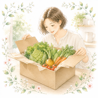 宅配の箱を開けて中をのぞき微笑む女性の水彩イラスト