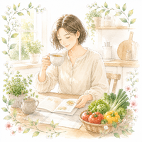 ゆとりある朝にレシピを眺める女性の水彩イラスト
