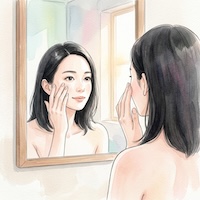 洗面台の鏡に映る自分の顔を見つめ、頬にそっと指を添える女性。年齢による変化を気づかう朝のひととき