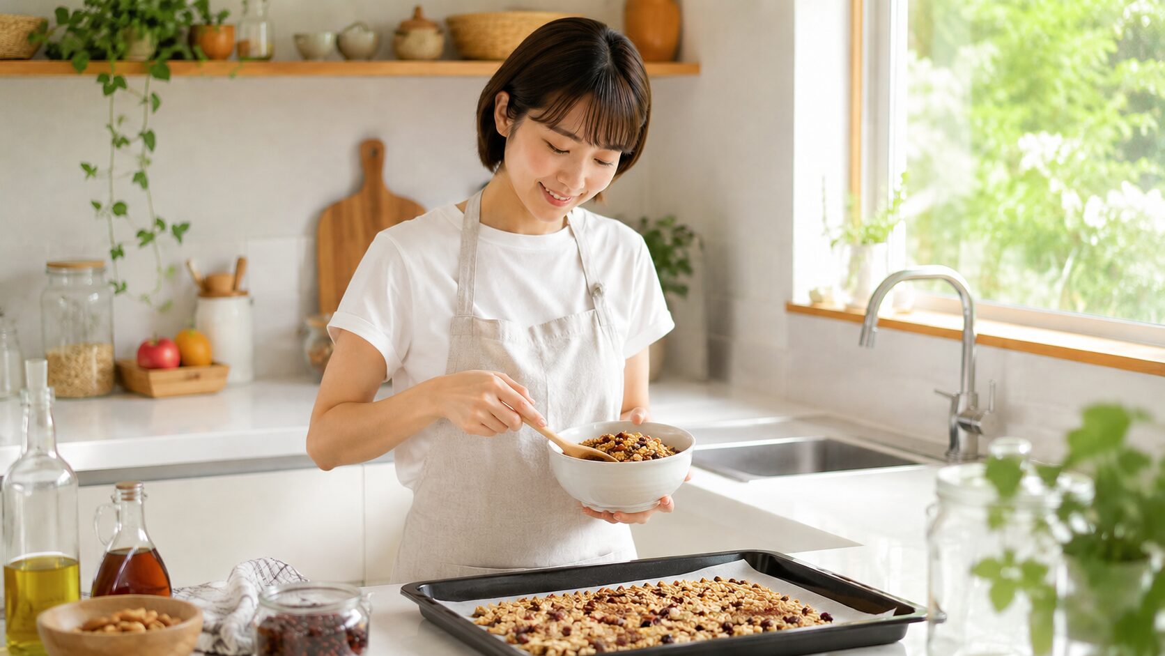 キッチンで砂糖控えめの手作りグラノーラを作る女性、オーツ麦とメープルシロップを混ぜる様子