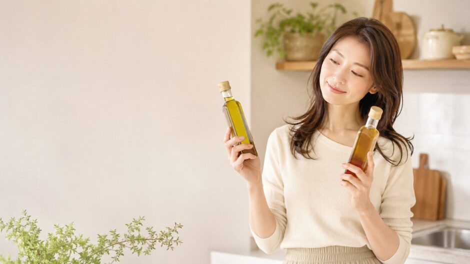 えごま油と亜麻仁油の瓶を両手に持ち、どちらにしようか見比べる女性