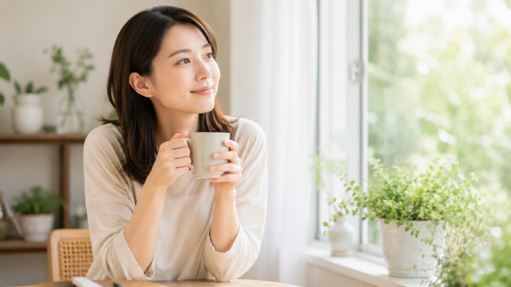 ヴィーガン食材宅配について穏やかに考える女性