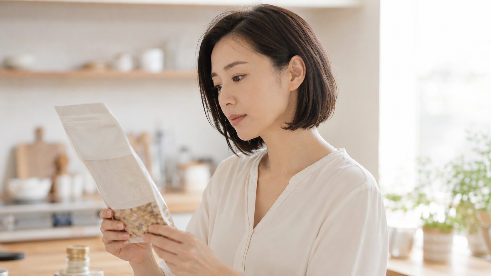 グラノーラは太るのか気になりパッケージの原材料表示を確認する女性