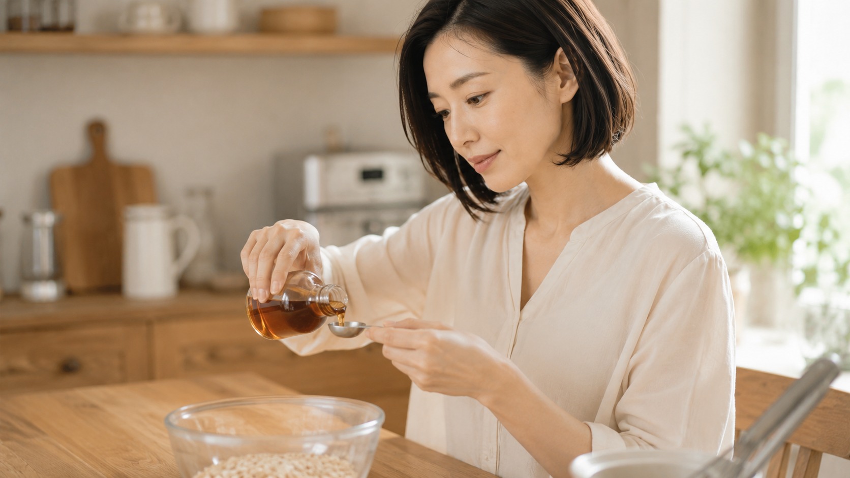 手作りグラノーラの甘味料メープルシロップを自分で量って調整する女性