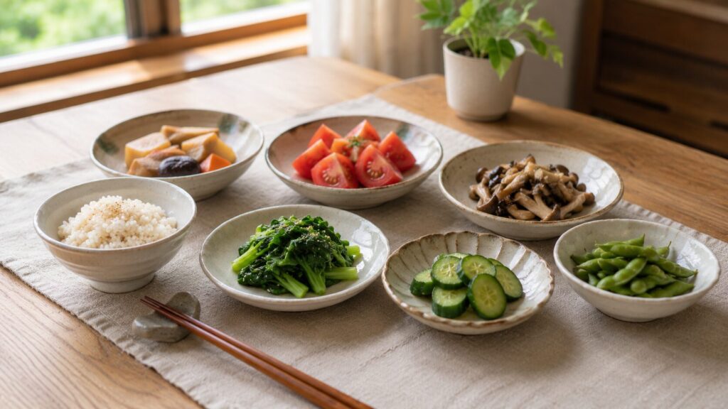 農薬を気にしすぎず、いろいろな野菜を広く食べる食卓。窓辺のテーブルに青菜や根菜、トマト、きのこを少しずつ盛った小皿が並んでいる