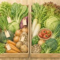 認証タグ付きの野菜とタグなしの野菜を対比で描いた水彩イラスト