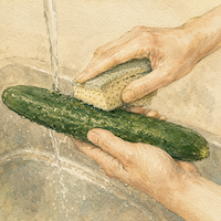 野菜の農薬をこすり洗いで落とそうとしている手元。台所で、湿らせたスポンジできゅうりの表面を強めにこすっている水彩画