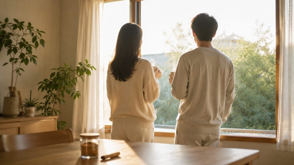 朝の窓辺に並んで立ち、湯気の立つシナモンコーヒーのマグをそれぞれ手にした夫婦の後ろ姿。逆光の朝日が二人の輪郭をやわらかく照らしている