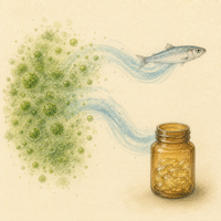 藻から魚とサプリメントへ水の流れがつながる水彩イラスト|藻由来DHAはヴィーガンのオメガ3源