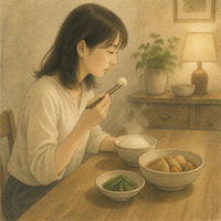 残留農薬の基準が一生食べ続けても大丈夫な量から決められていることを示す一枚。食卓で、女性がごはんと根菜の煮もの、青菜を前にふつうに食事をしている水彩画