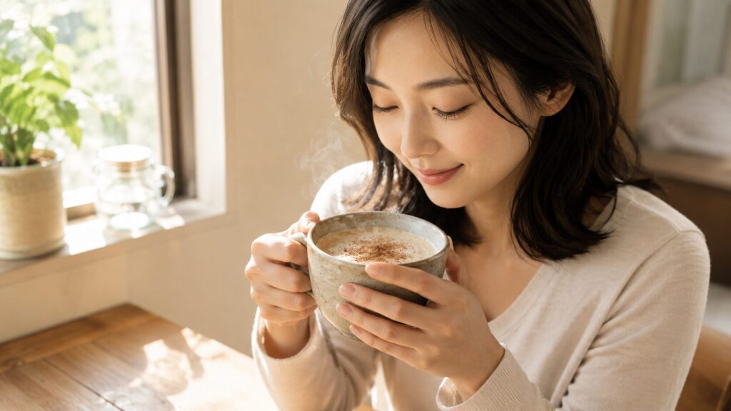 朝の光が差し込む窓辺で、シナモンコーヒーのマグを両手で包み、ゆっくりと味わう35歳ほどの女性。湯気の立つ、40代からの体をいたわる朝の一杯を写した横長写真。