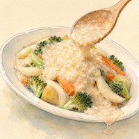 野菜炒めに塩麹をかけすぎてしまう場面を描いた水彩イラスト
