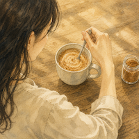 シナモンコーヒーを飲む直前にひと混ぜする場面。カップに挿したままのスプーンを指先で回し、液面のシナモンが渦を描く様子を肩越しに描いた水彩イラスト
