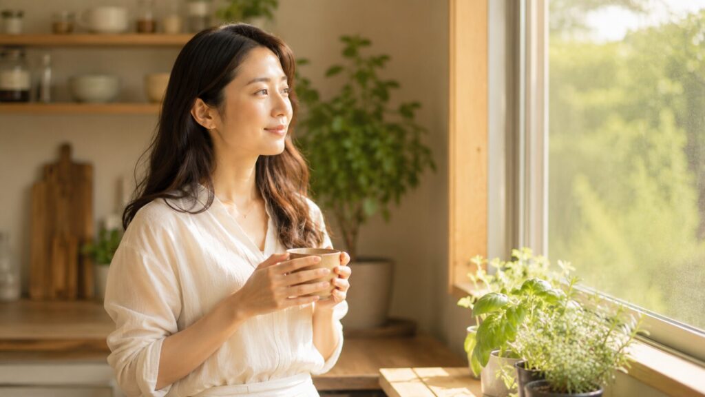 窓辺で温かい飲み物を手に穏やかに過ごす女性|らでぃっしゅぼーやのある丁寧な暮らし