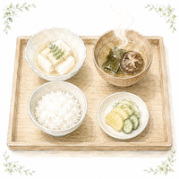 豆腐や湯葉が並ぶ精進料理の一膳の水彩イラスト|魚を使わない日本の伝統食