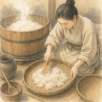 奈良時代の人物が木桶と竹ざるで米麹を仕込む様子を描いた水彩イラスト