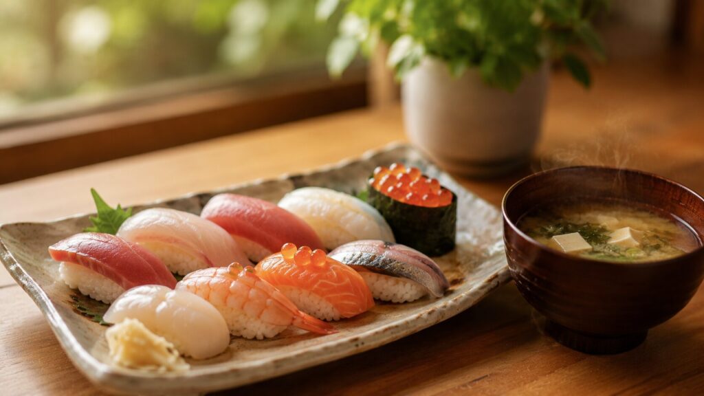 お寿司とかつおだしの味噌汁が並ぶ、魚のある日本の食卓