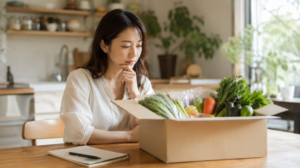 らでぃっしゅぼーやのデメリットを考えながら野菜宅配ボックスを見つめる女性