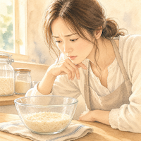 米麹の使い道でなめたけ麹を常温で発酵させたが変化が見られず、ボウルを覗き込み戸惑う女性の水彩イラスト