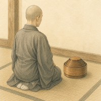 禅寺で応量器を前に食前の作法をする修行僧の水彩イラスト|功の多少を計り彼の来処を量る